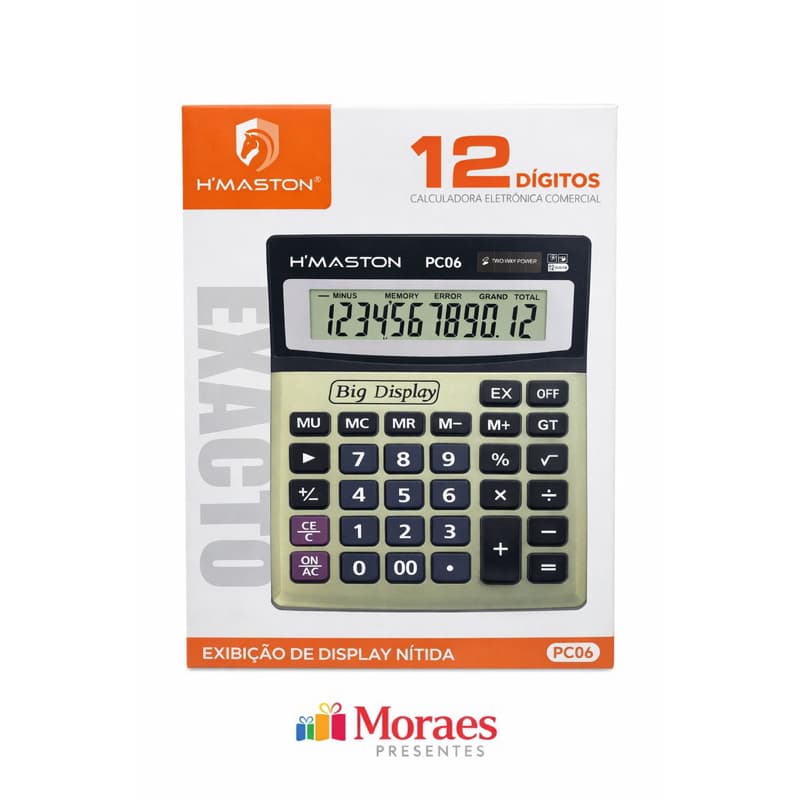 Calculadora H’Maston PC06 12 dígitos, visor grande, dupla energia e ideal para uso comercial e escolar.
