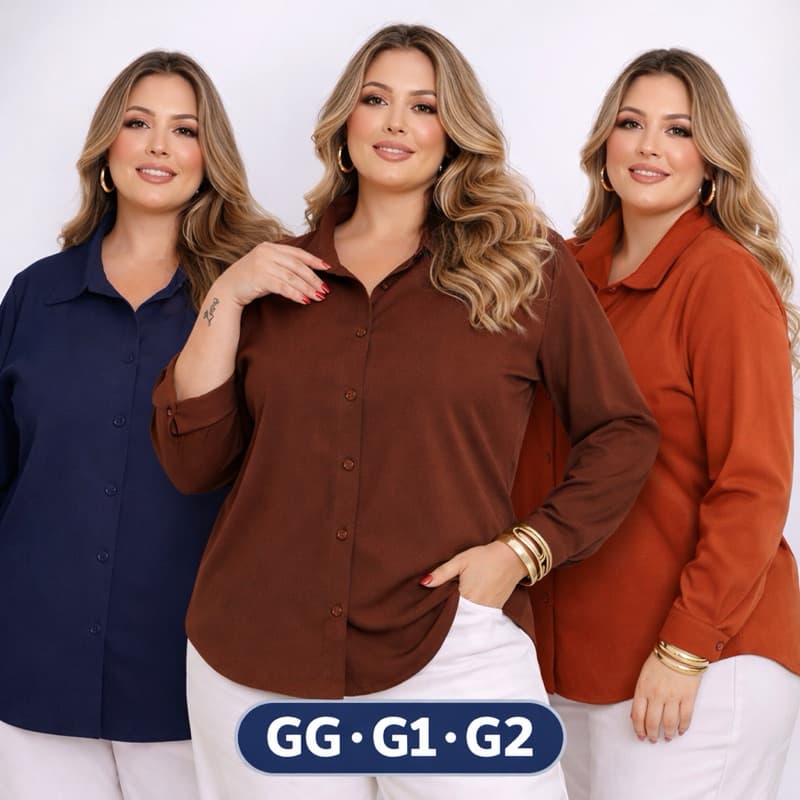 Camisa Plus Size Feminina Lisa Manga Longa Crepinho Não Amassa | GG G1 G2 | Social Elegante