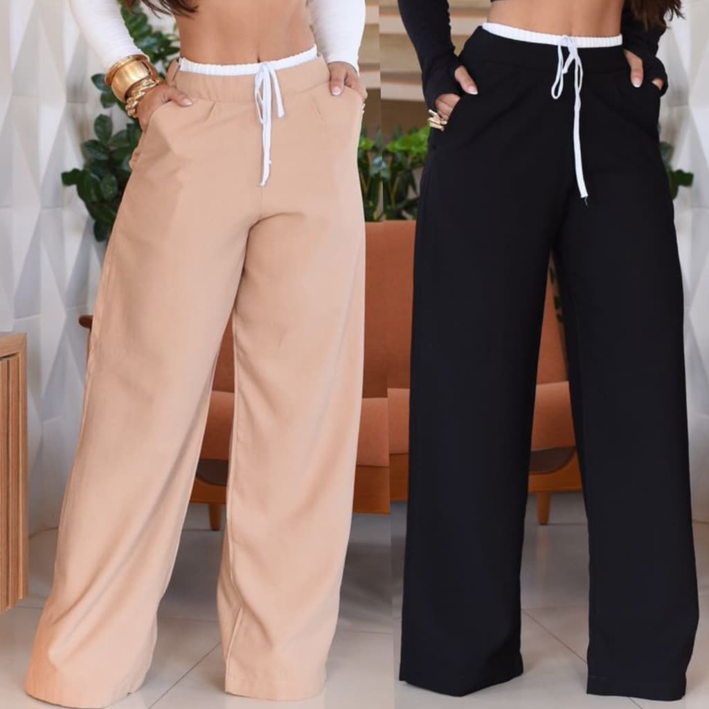 Kit 2 Calças Femininas Pantalona Liocel Cintura Alta Cós Duplo Zíper Lateral Confortável P M G GG