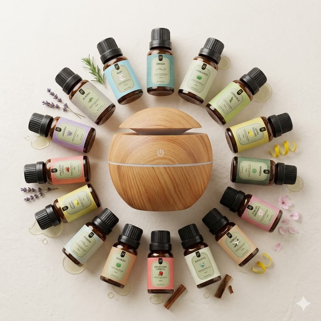 Kit 12 Essências 10ml + Difusor Elétrico Escolha Cor E Aroma
