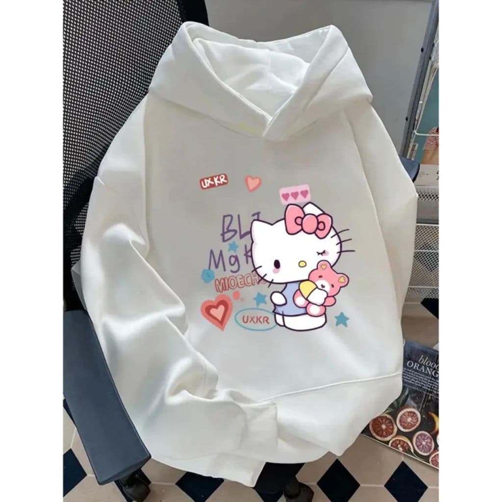 Americano Retro HelloKitty Moletom Com Capuz Feminino Versátil Doce Estilo Casaco De Pelúcia