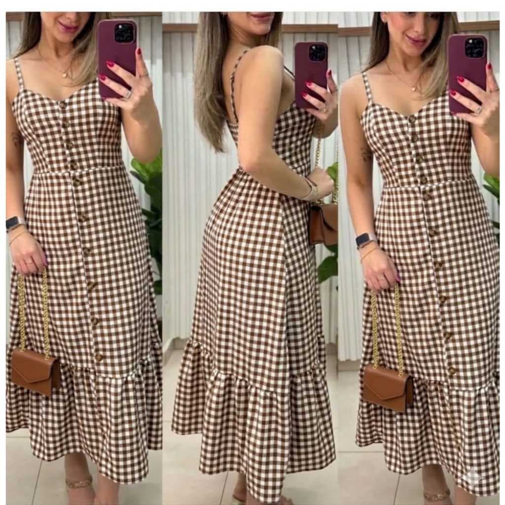 Vestido MIDI Xadrez Crepinho com Bojo - Confortável e Estilo Verão, Alça Fina regulaveis, Botões funcionais TENDENCIA