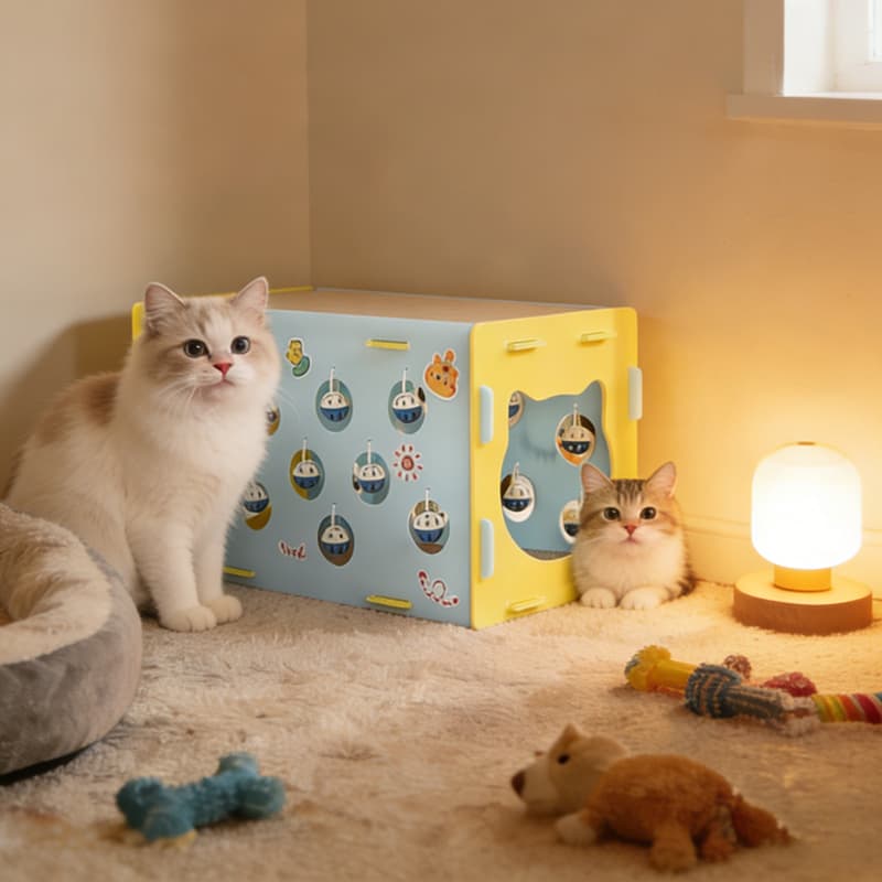 Casa de gato multifuncional com sino para descanso, brincadeira e escovação dos dentes 3 em 1
