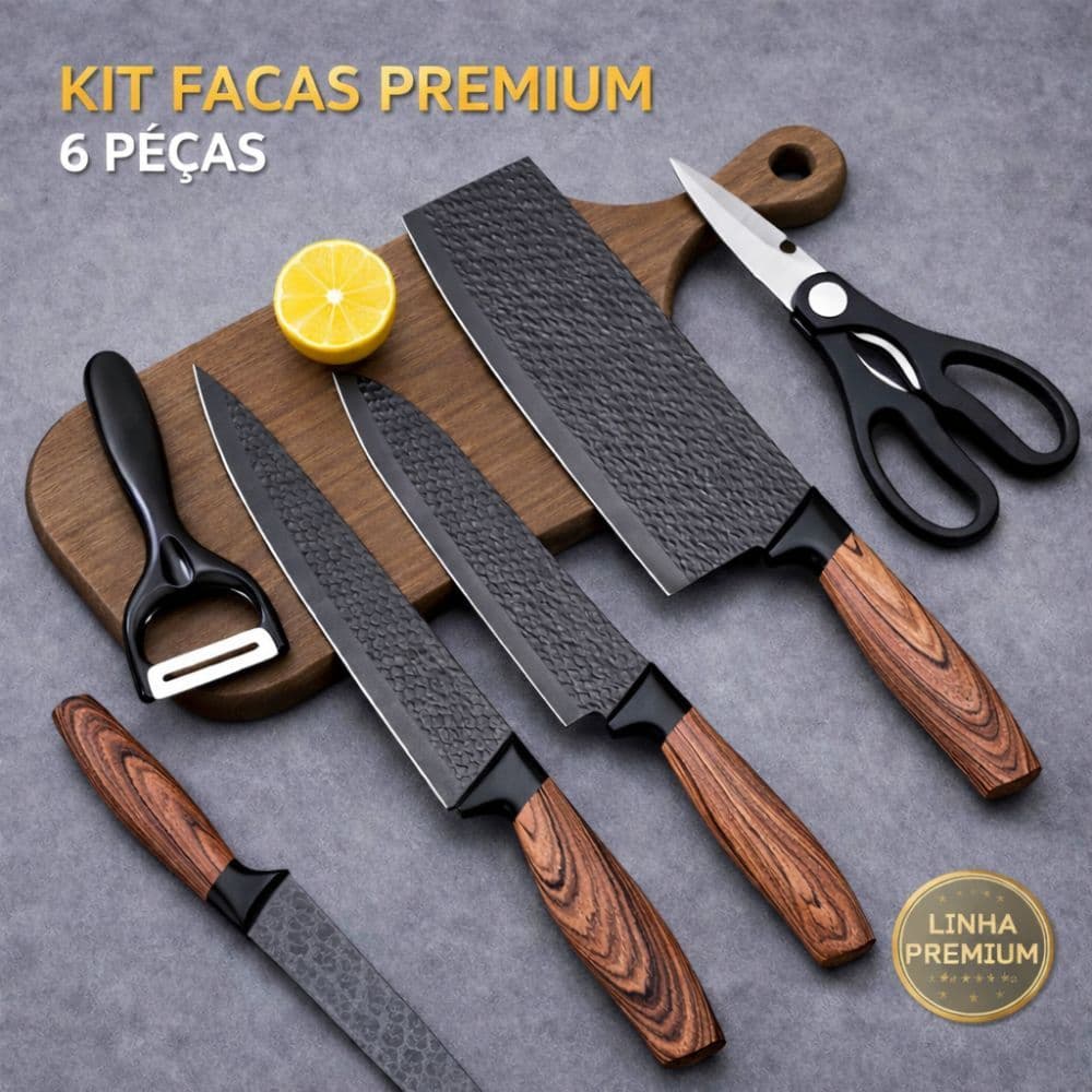 Kit Facas 6 Peças Aço Inox Premium + Tesoura e Descascador Cozinha Profissional
