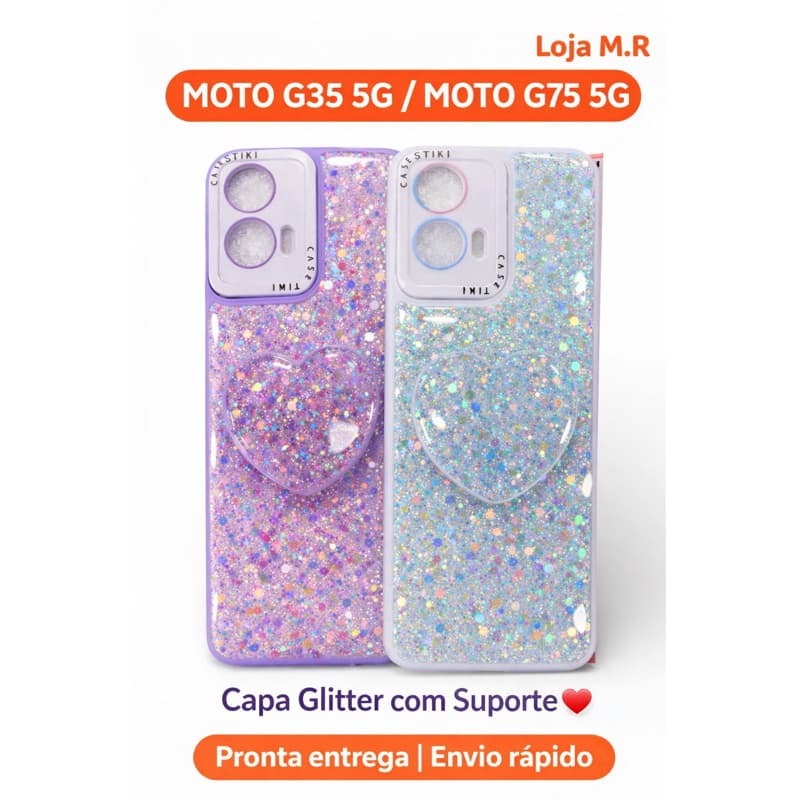 Capa Glitter com Suporte Pop Ring para Moto G35 5G / moto G75 5G  – Antichoque Luxo