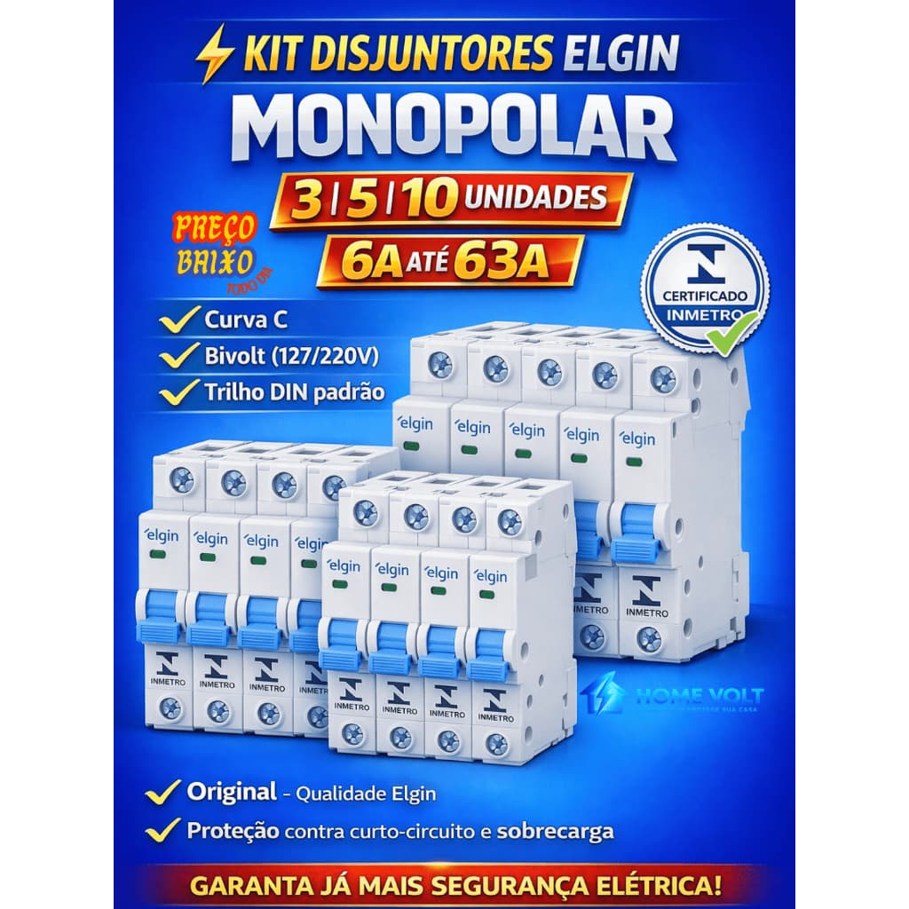 Kit 3/5/10 Disjuntores Monopolar Elgin 6a 10a 16a 20a 25a 32a 40a 50a 63a Curva C Original INMETRO