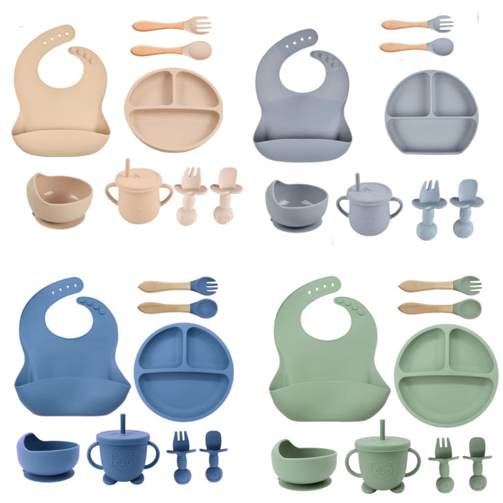 Talheres bebê silicone kit Talheres Infantil Com Ventosa Canudo Colher Babador Garfo