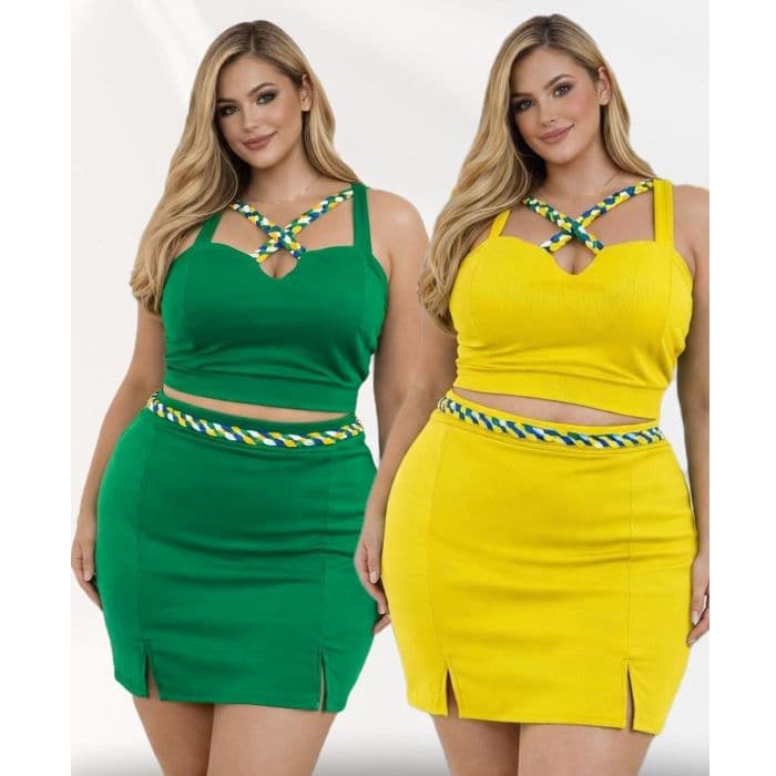 Conjunto Plus Size Feminino Trançado Brasil Copa Short saia Tam único 46 ao 50