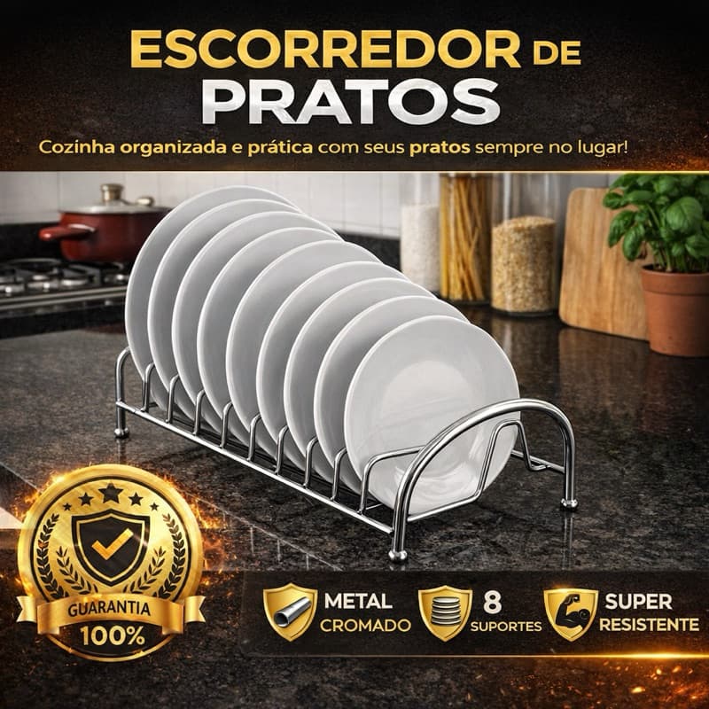 Escorredor De Pratos Louças Cromado Capacidade 8 Pratos 34cm Organizador Cozinha Compacto Resistente Secar Louças Copos