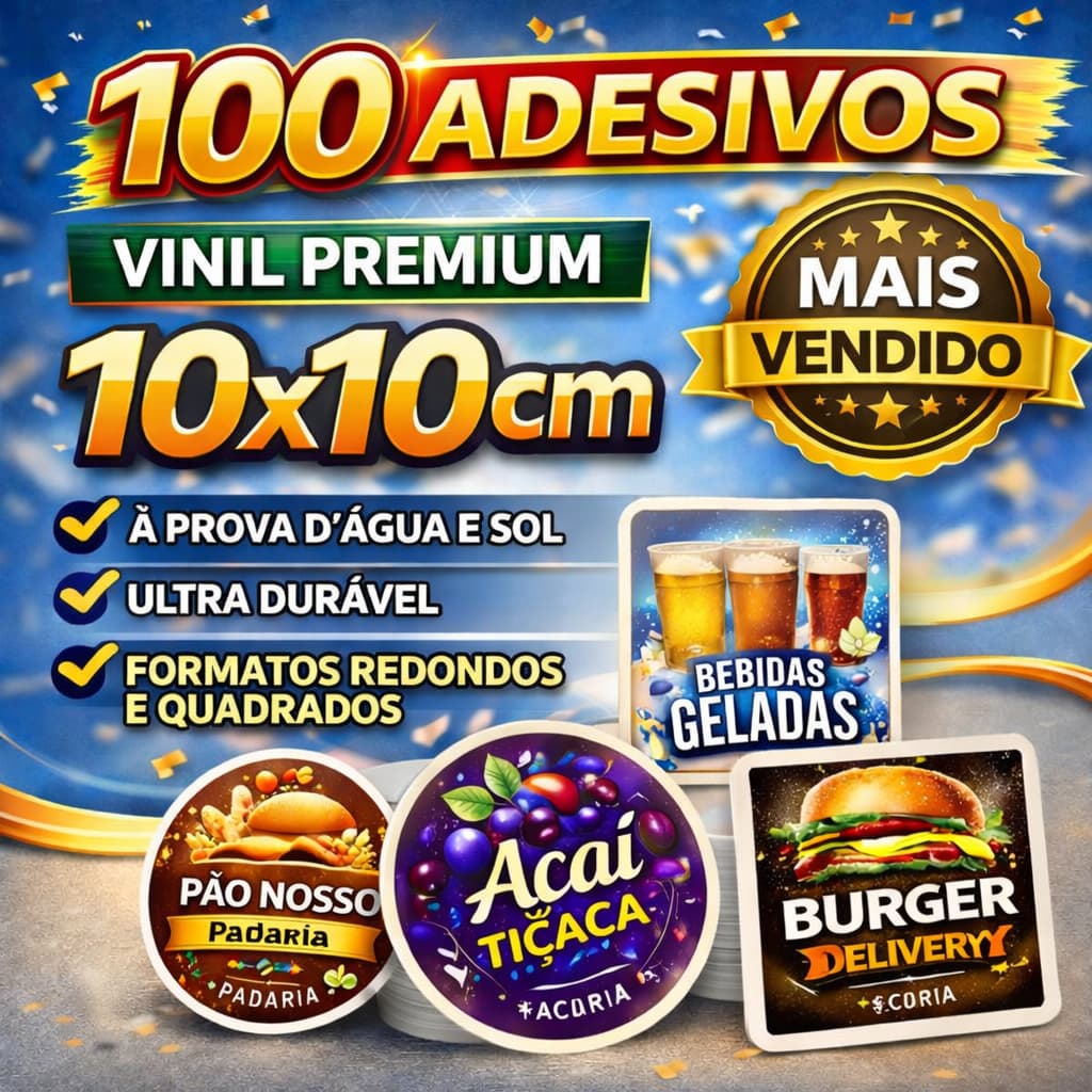 Adesivos Personalizados 10x10 cm Vinil à Prova D'água | 100 Etiquetas p/ Sacolas Lembrancinhas Embalagens Mimos Brindes