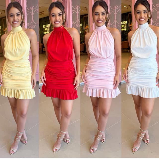 Vestido Feminino Curto Frente Única Gola Alta Amarração No Pescoço suplex poliamida Drapeado Babado Tendência Elegante