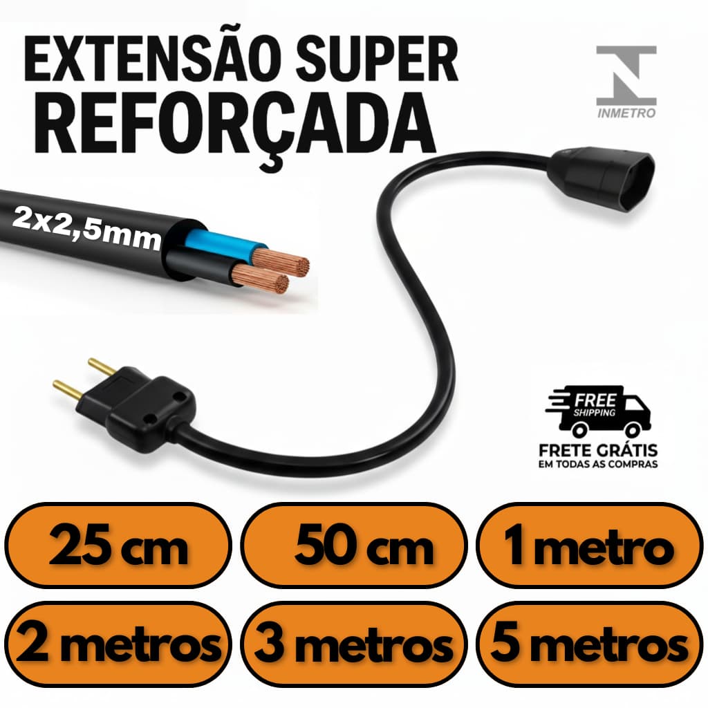 Extensão Elétrica Profissional Cabo PP 2,5mm Reforçada 20A 10A Bivolt Inmetro - 25cm a 5m Prolongador Energia Resistente