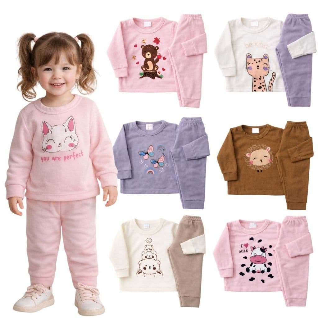 Kit 4 Peças Conjunto Soft Menina Inverno Infantil Bebê Roupa Frio P ao G e 1ao 3 Anos