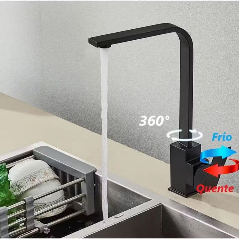 Torneira Cozinha Slim Preto - Rotação 360°, Misturador Monocomando, Acabamento Cromado