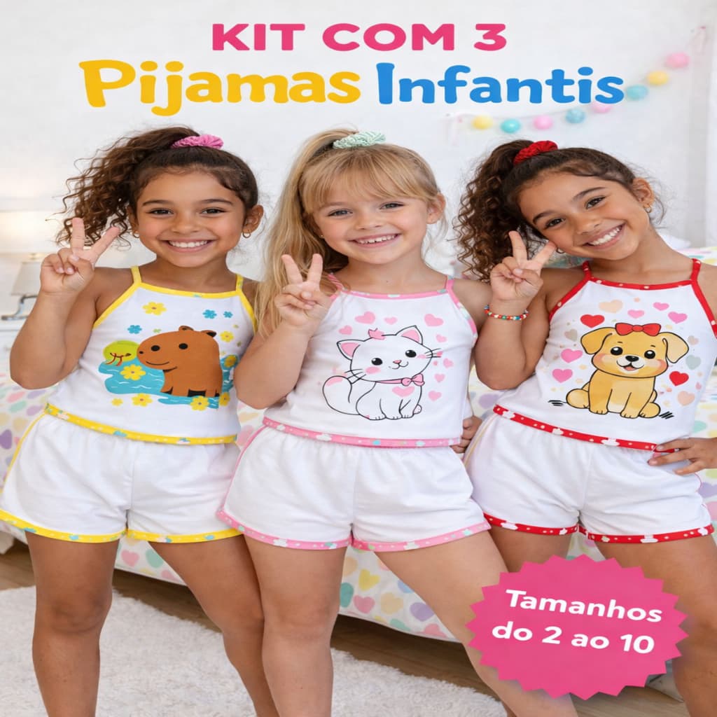 Kit 3 Pijamas Infantis estampados Menina (2 a 10 anos) confortável