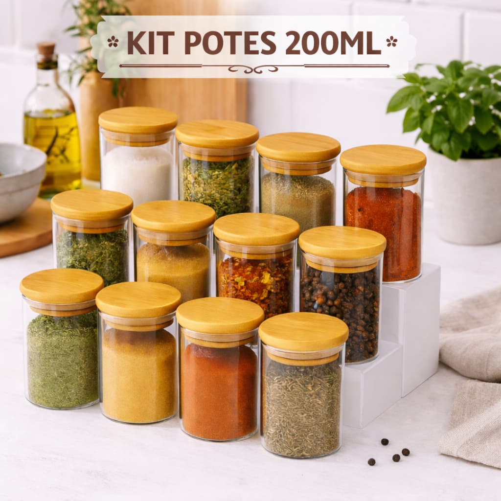 Kit  Potes de Vidro 200ml com Tampa de Bambu Hermético Mantimentos Condimentos Empilhaveis