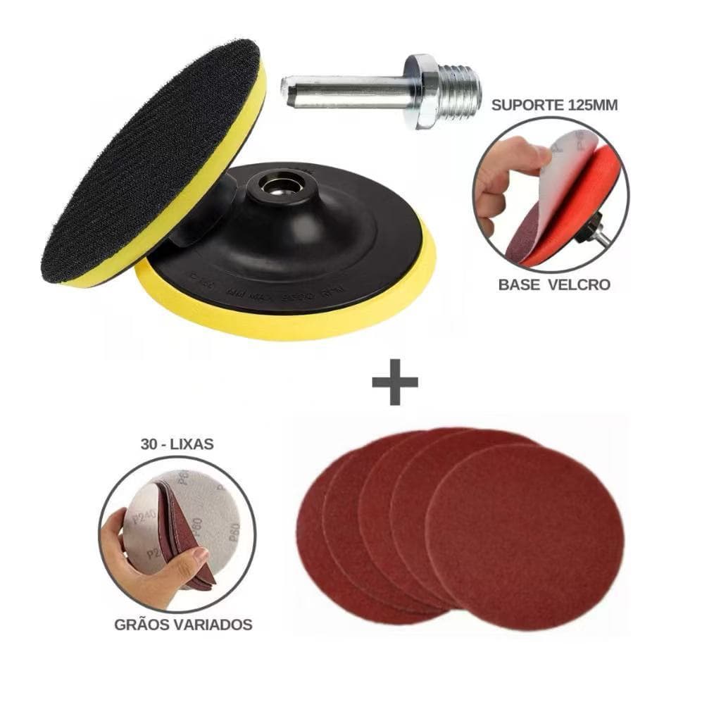 Base Suporte Disco 125mm + Lixas Sem Furos Com Velcro 5" Furadeira Esmerilhadeira 100LIMI