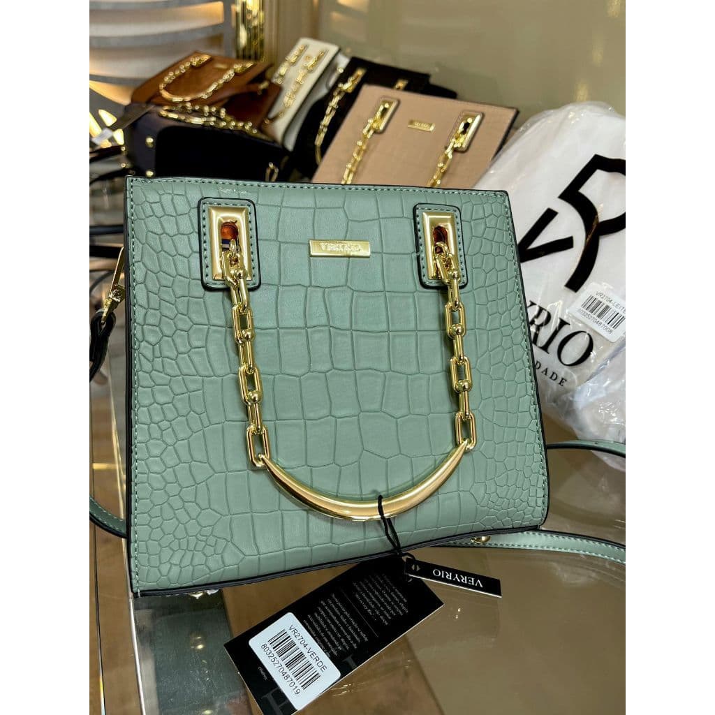 Bolsa Feminina Couro Croco Veryrio Alça Corrente de Mão e Transversal Média Luxuosa Elegante