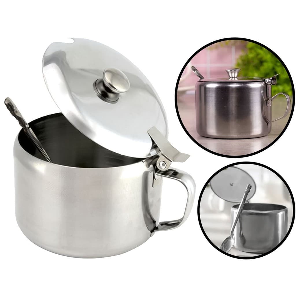 Açucareiro em Aço Inox 350ml Com Colher Prateado Profissional