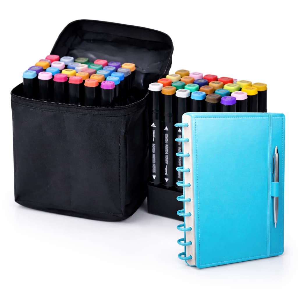 Kit 60 Marcadores Profissionais + Caderno Inteligente Premium Azul – Completo para Desenho e Estudo