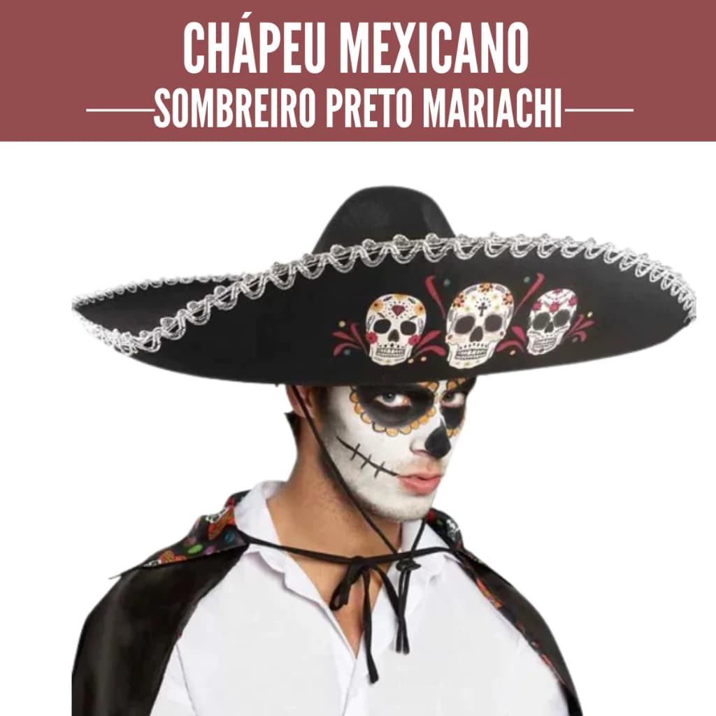 Chapéu Mexicano Sombreiro Preto Mariachi Decoradas para Festa e Carnaval