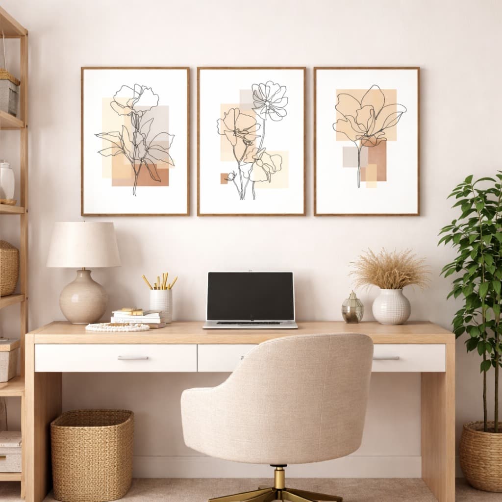 Kit 3 Quadros Decorativos Abstrato Floral Flores Terracota Em Linha Geométrico Sala Quarto Hall
