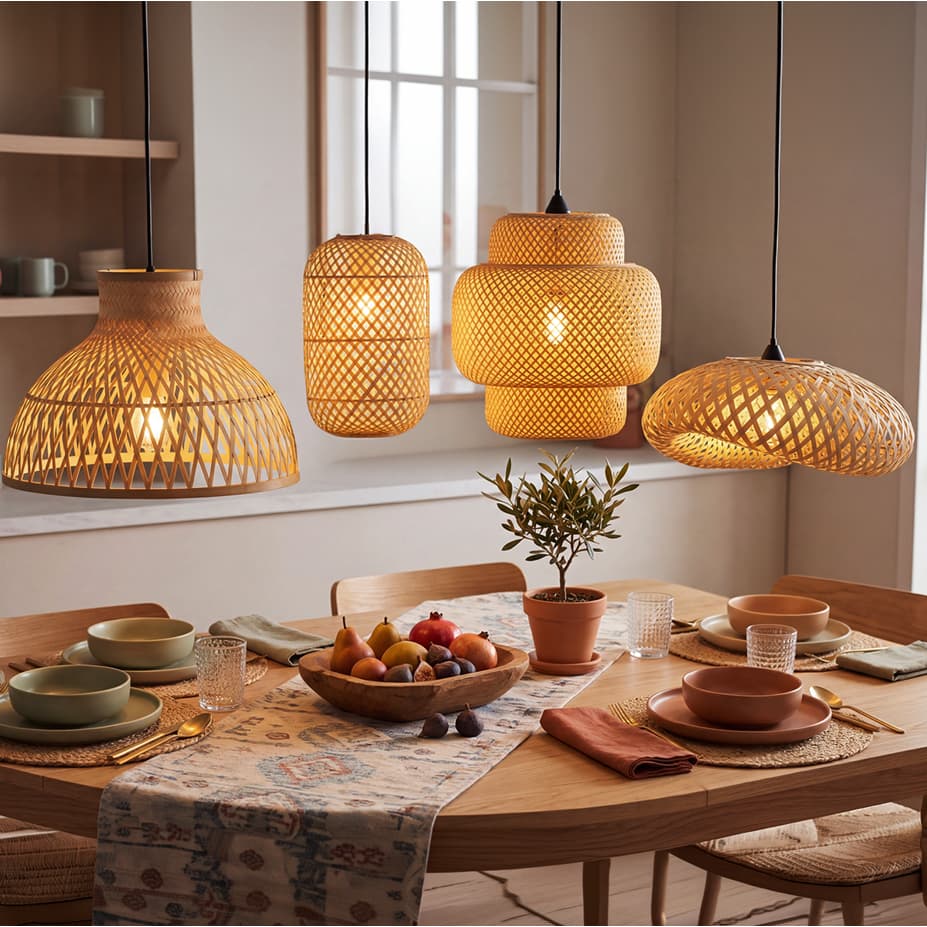 Composição Rústica Lustre De Bambu Orgânico 4 Und Pendente