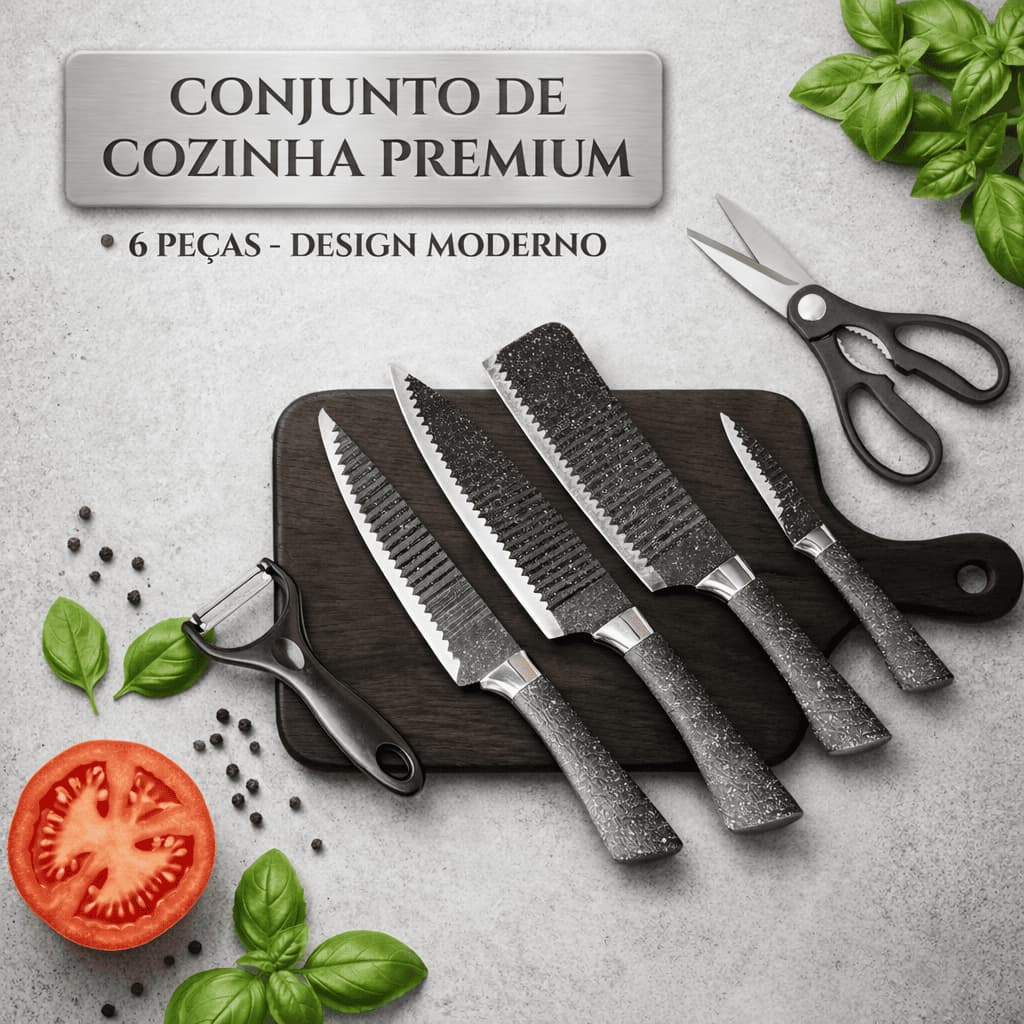 Kit Jogo de Facas Cozinha 6 Peças Inox Cabo Ergonômico Kit Completo Chef