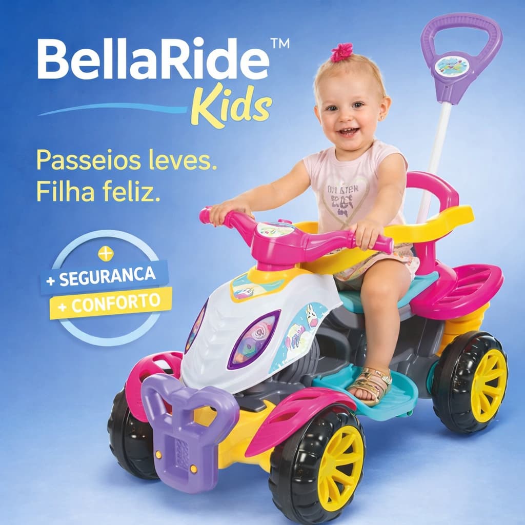 Quadriciclo Infantil BellaRide Kids com Haste e Pedal 3 em 1 Rosa – Carrinho de Passeio Seguro e Confortável