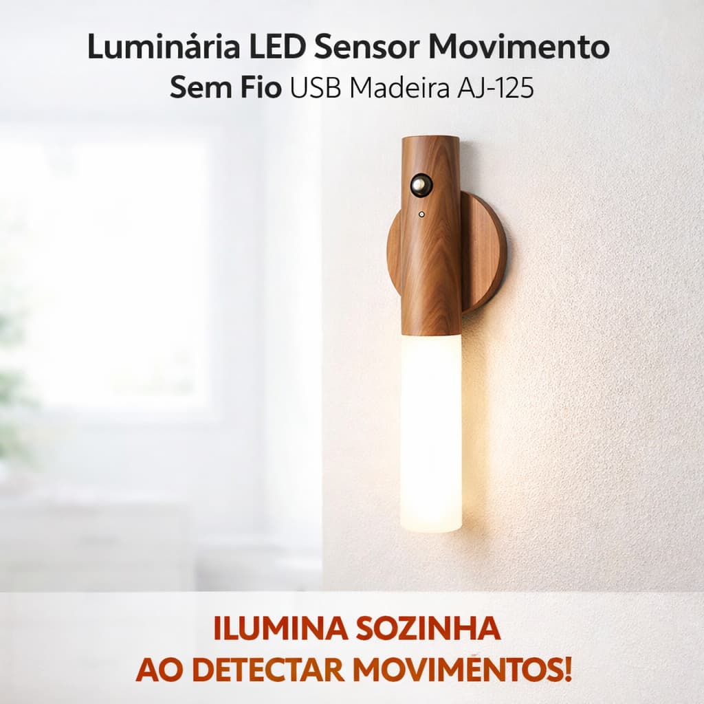Luminária LED Sensor de Movimento Sem Fio USB Recarregável Design Amadeirado Automática Moderna