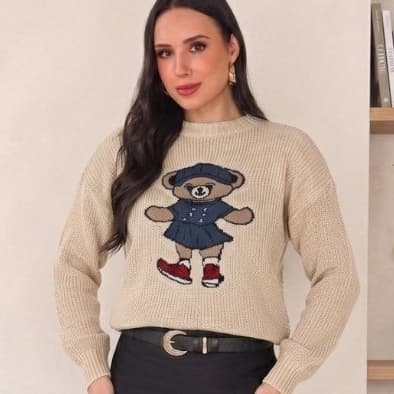 Blusa de Frio Feminina Tricot Bear Ursinho Premium Manga Longa Tendência 2026