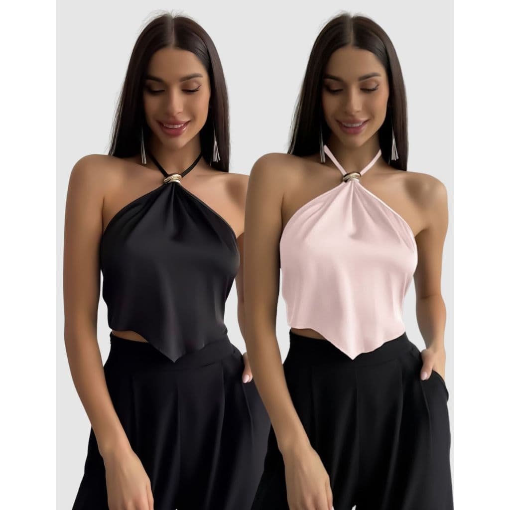 Kit 2 Cropped Blusa Feminina Top Halter Decote Frente Única Costas Nua Verão