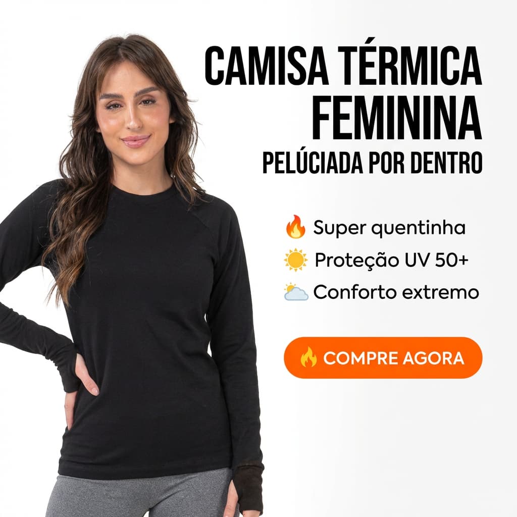 CamisaTérmica Peluciada Proteção Solar UV+50 Com Dedinho Feminina Lisa Segunda Pele Proteção