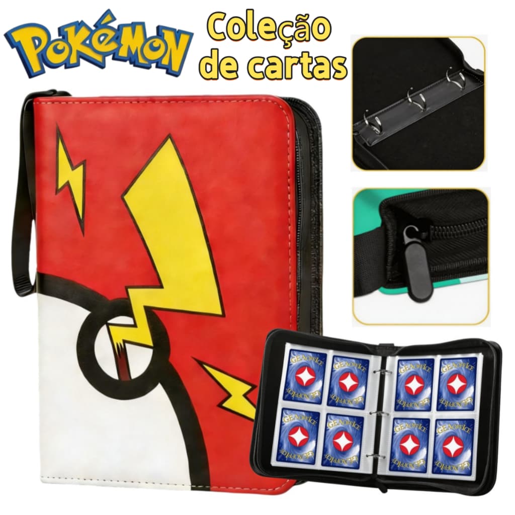 Álbum Pokémon para 400 Cartas com Zíper Capa Couro Porta Cartas Proteção 4 Bolsos Dupla Face Coleção Cartas