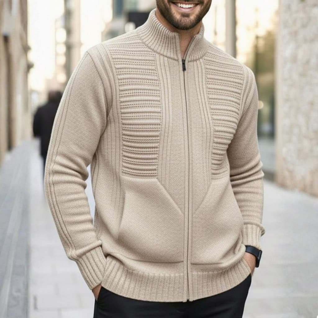 Jaqueta Masculina Lã Blusa De Frio Com Ziper E Bolso Suéter Masculino Slim Tricot