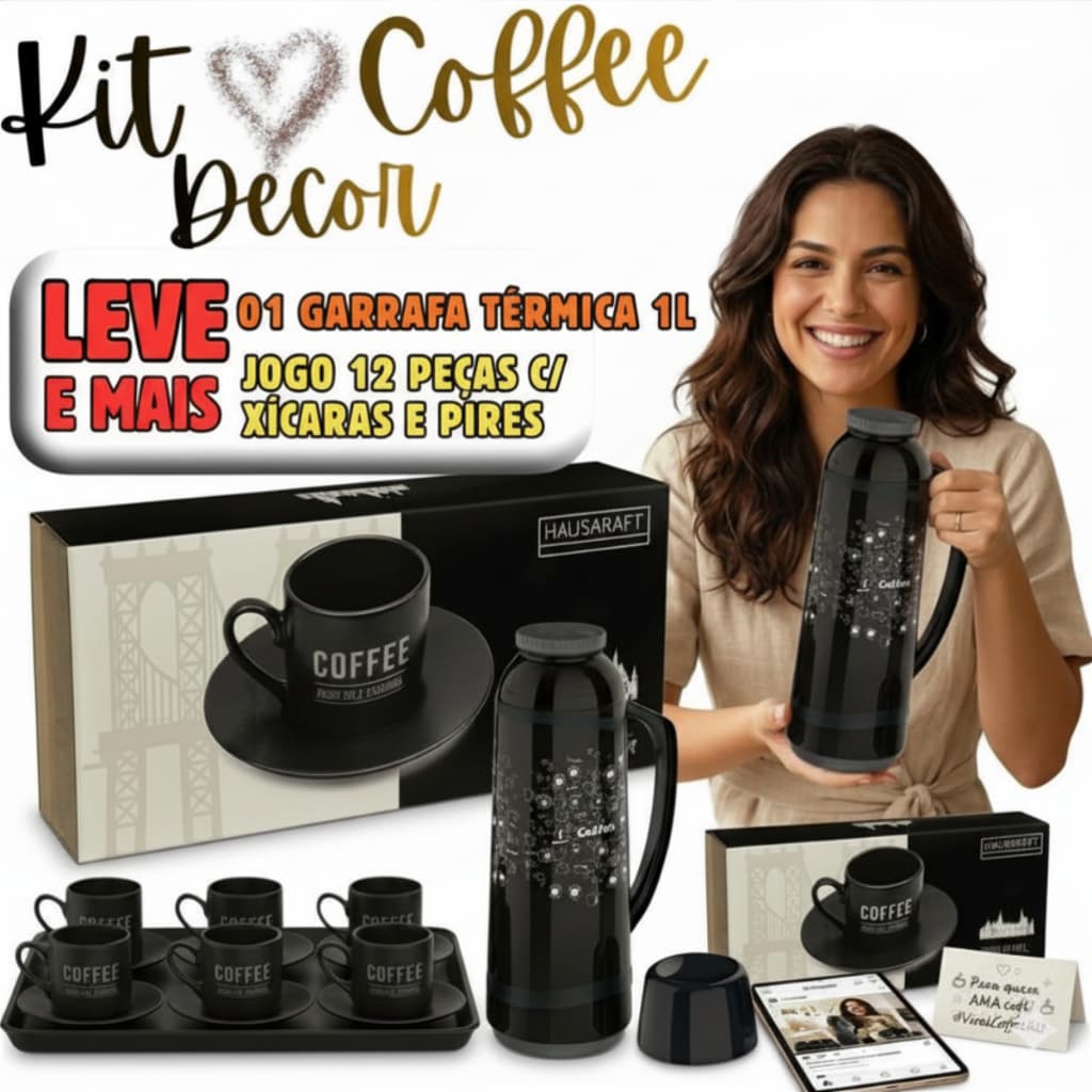 Conjunto Café Garrafa Térmica 1L Soprano Decor e Jogo 12 peças c/ Xícaras e Pires em Porcelana 80ml