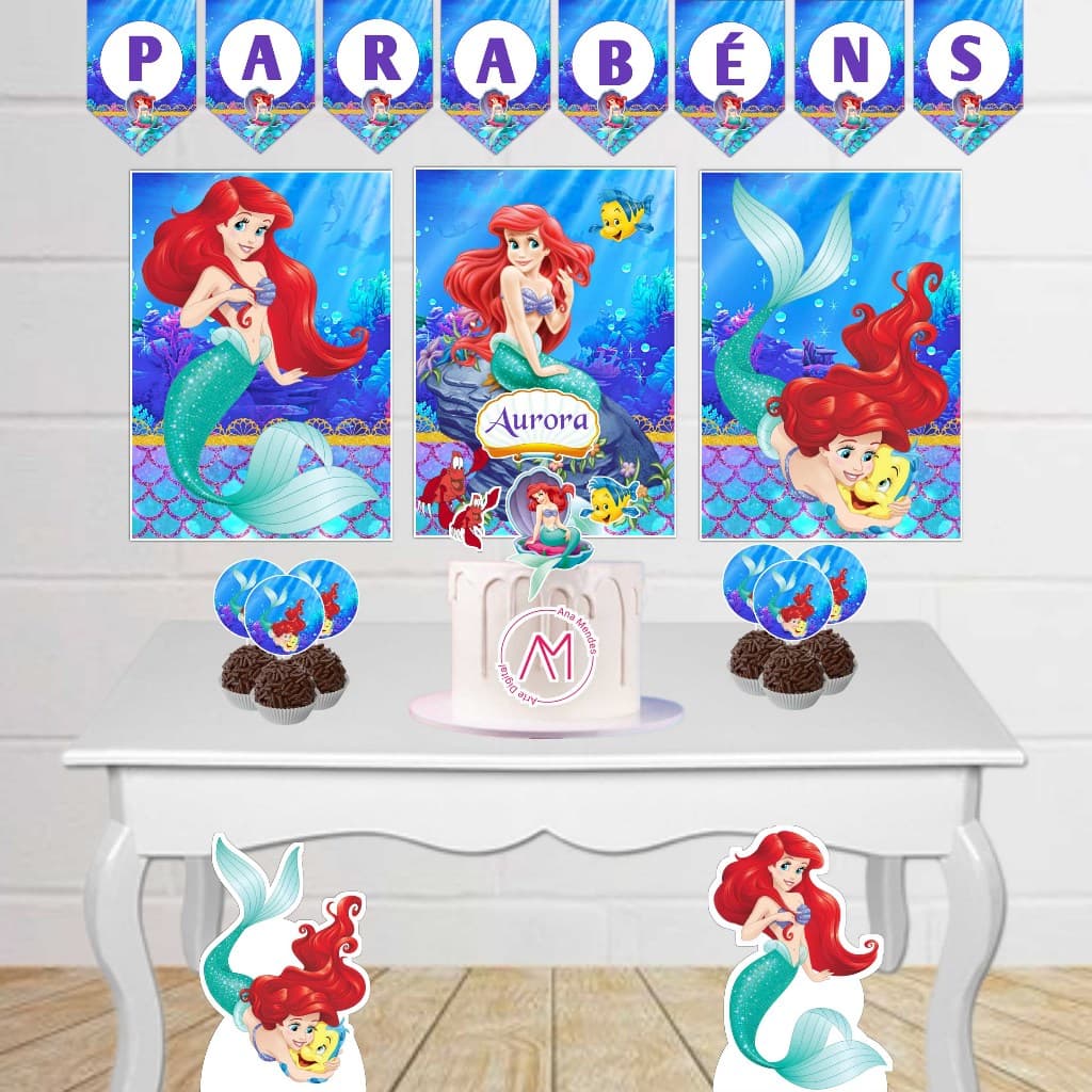 Kit Festa Infantil Ariel Fácil Decoração Com Painel Display Toppers Topo de Bolo Só um bolinho