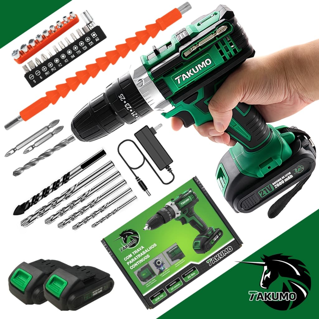 Furadeira Impacto 2 Baterias 21v Furadeira 60hz Caixa Cartão
