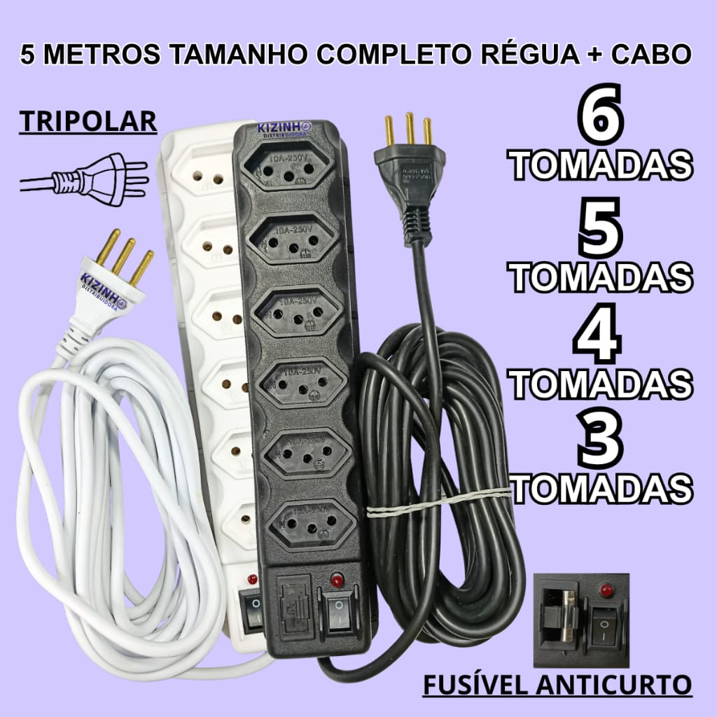 Filtro de Linha Bivolt 5 Metros Régua + Cabo 3, 4, 5 e 6 Tomadas 10A Fusível de Proteção 3A
