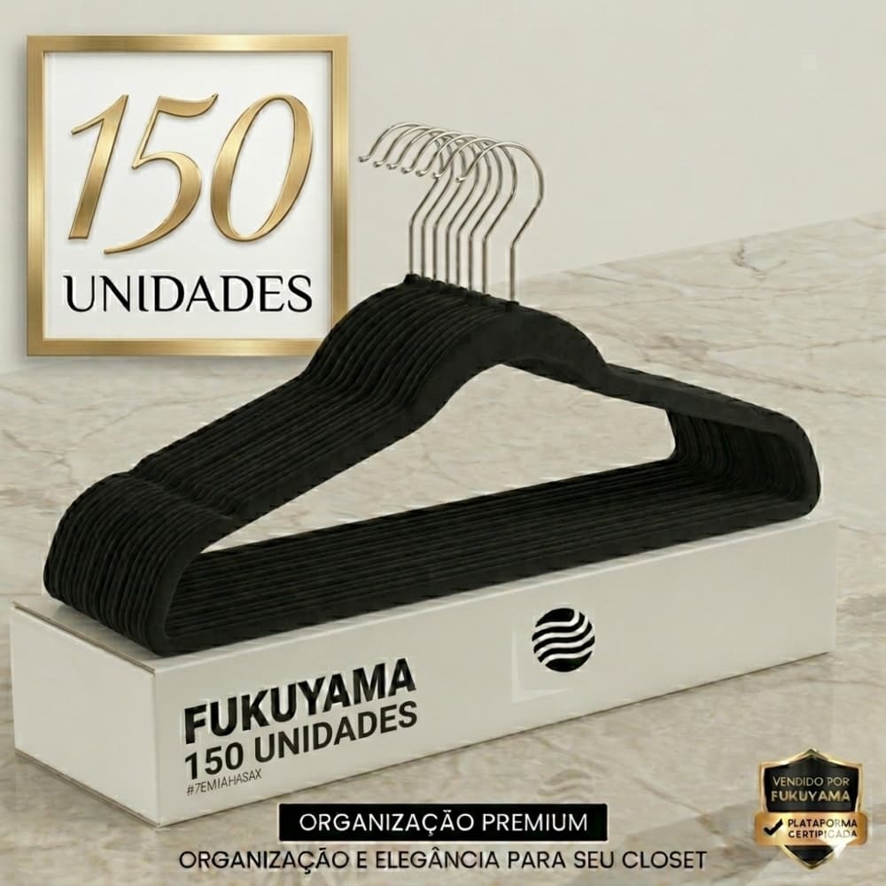 KIT 150 CABIDE DE VELUDO PRETO FUKUYAMA Antideslizante Slim Com Gancho Giratório 360