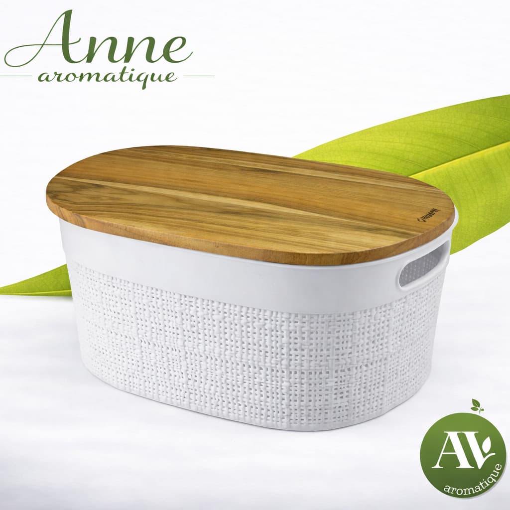 Caixa Organizadora Cesto Tampa Madeira 10,8L Cor Branca Estilo Rattan Plástico Bpa Free Resistente