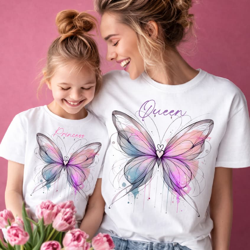 camiseta blusa QUEEN PRINCESS BORBOLETA AQUARELA, MÃE E FILHA, presente dia das mãe