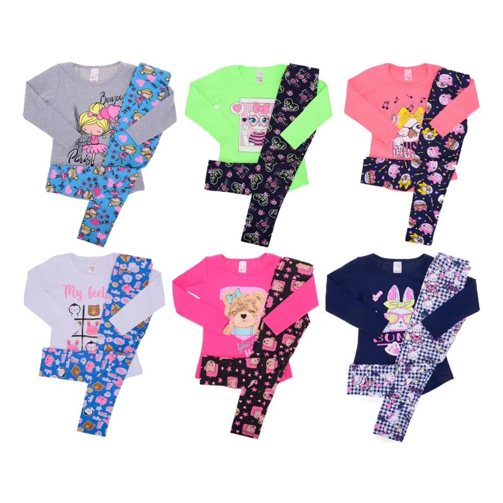 Kit Infantil Feminino 4 Peças Menina Outono Inverno Meia Estação Blusas e Calças Legging Algodão