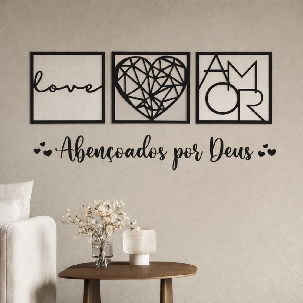 Kit 3 Quadros Decorativos Abençoados por Deus Love e Coração Geométrico Amor + Frase Quarto Sala