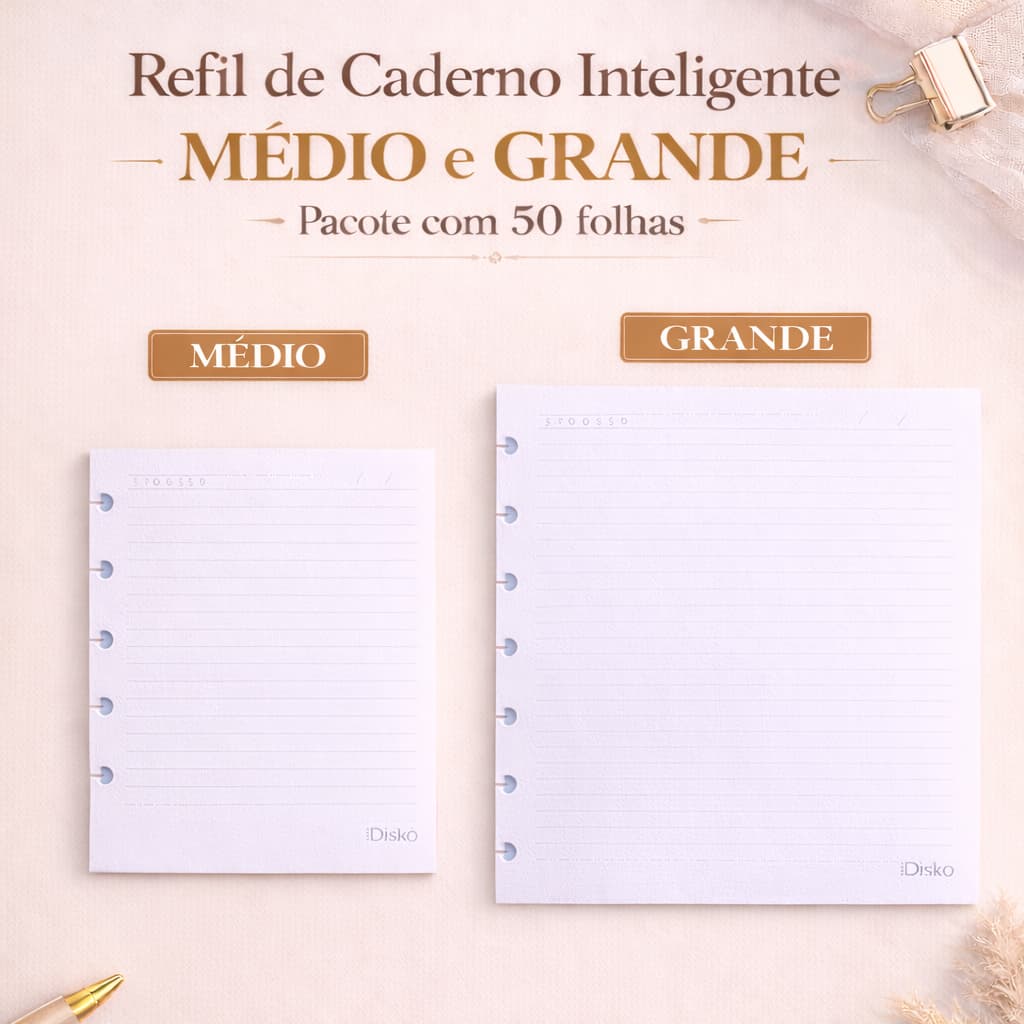 Refil 50 e 100 Folhas Caderno Disco Inteligente Médio e Grande Universitário Bloco Pautadas Fichário
