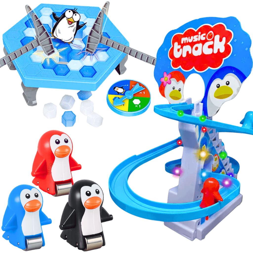 Kit Brinquedos Escorregador Pinguim Escada Pista com Elevador + Jogo Pinguim Numa Fria Quebra Gelo