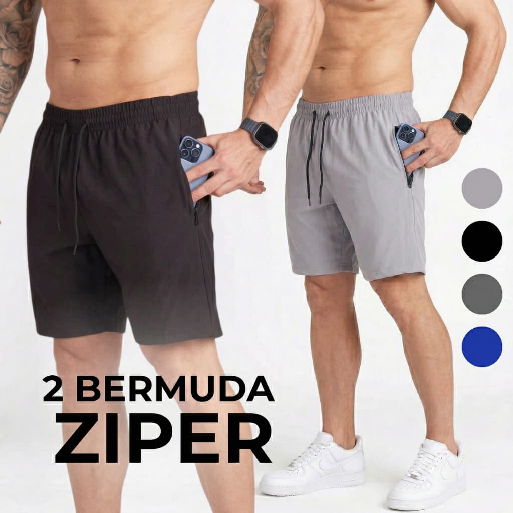 KIT 2 BERMUDAS MASCULINA  ACADEMIA TACTEL COM ELASTANO BOLSO COM ZIPER
