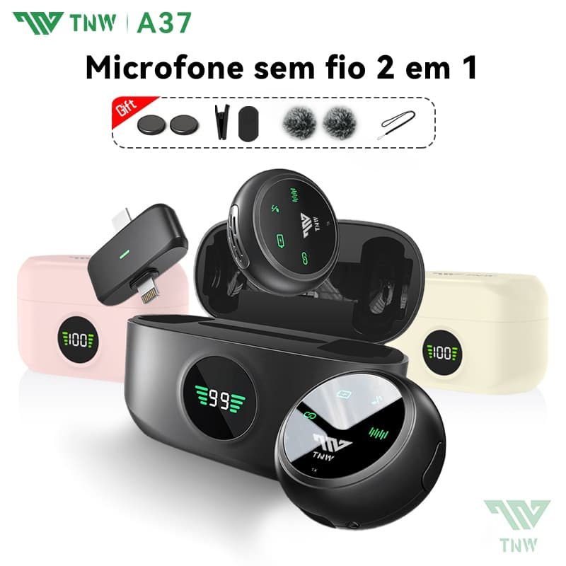 TNW A37 2 em 1 Microfone de Lapela Sem Fio Microfone Magnético Type C & Lightning com Cancelamento de Ruído
