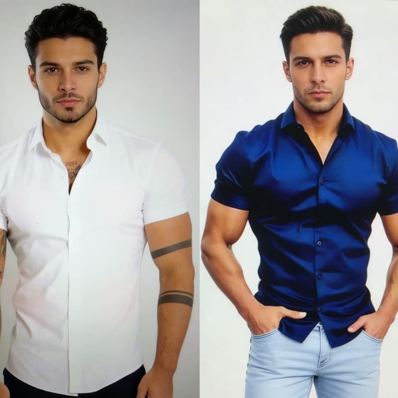 KIT2    Camisa de manga curta com gola de camisa masculina - negócios casuais masculinos modernos  Crepnho