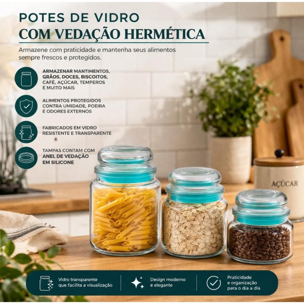 Conjunto 3 Trio Potes Hermeticos de Vidro vedaçao - Sortida-doces, biscoitos, café, açúcar, temperos
